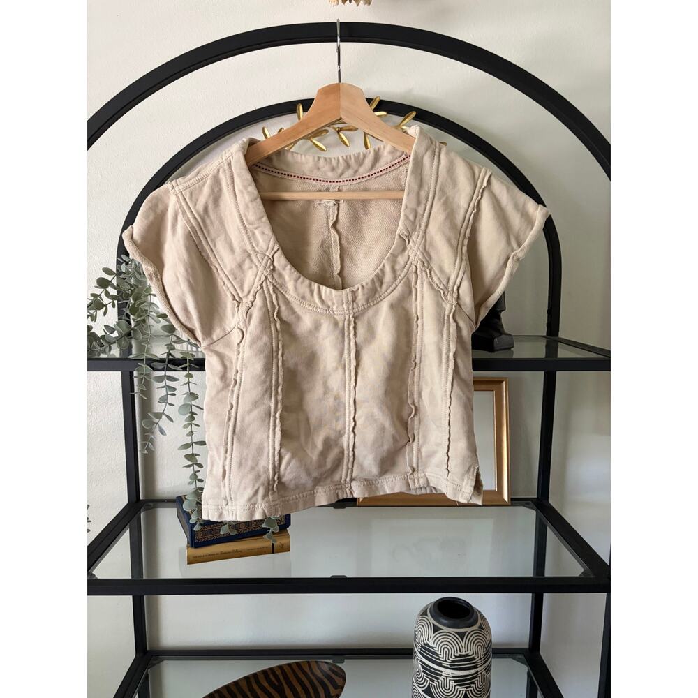Pilcro Anthropologie Raw Edge Seamed Sweatshirt Top Womens XS Beige Short Sleeve
